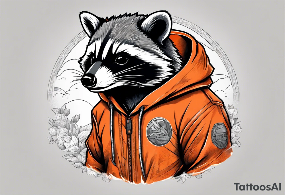 Raccoon wearing an orange Superman hoodie tattoo idea