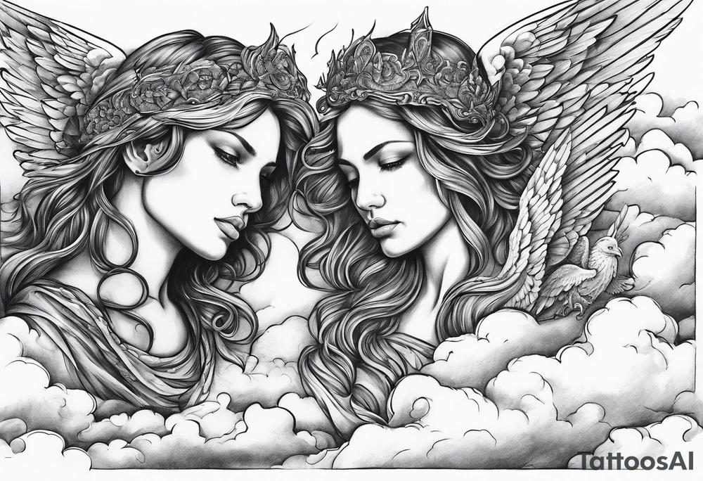 Angels killing demons in the clouds tattoo idea