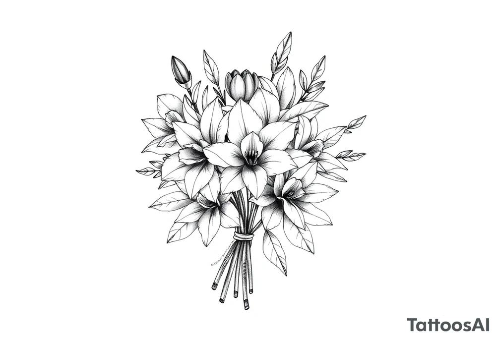 palm sized flower bouquet that has daffodil, violet and narcisuss tattoo idea