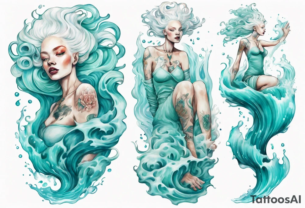 a tall albino woman made of water with turquoise hair sitting upon a wave tattoo idea