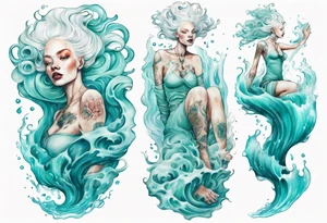 a tall albino woman made of water with turquoise hair sitting upon a wave tattoo idea