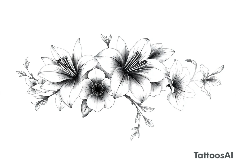 Calia Lily rose gadiolus carnation Narcissus flower sleeve on upper arm and shoulder tattoo idea