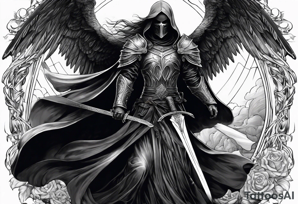 realistic angel of death, man, full body, no face visible, holding one sword, sword pointing downwards, both hands are holding the sword tattoo idea