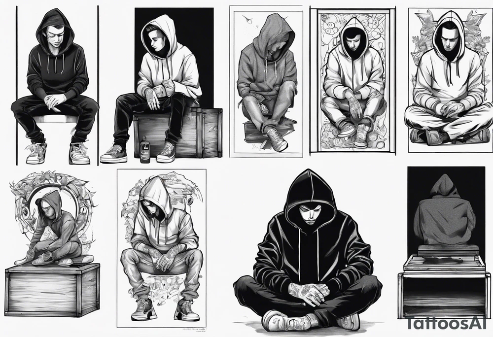 A guy in a hoodie sitting on a box, looking down. tattoo idea