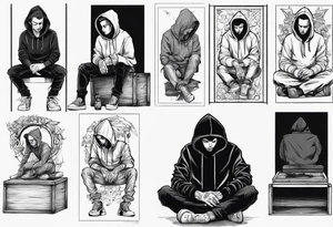 A guy in a hoodie sitting on a box, looking down. tattoo idea