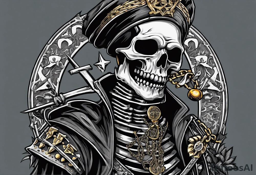 image of a skeleton standing frontally with a crown on his head, holding an AK-47 on his shoulder with his right hand. The chain on the left should be taut, there are three angry barking Dobermans in it, near the waist tattoo idea