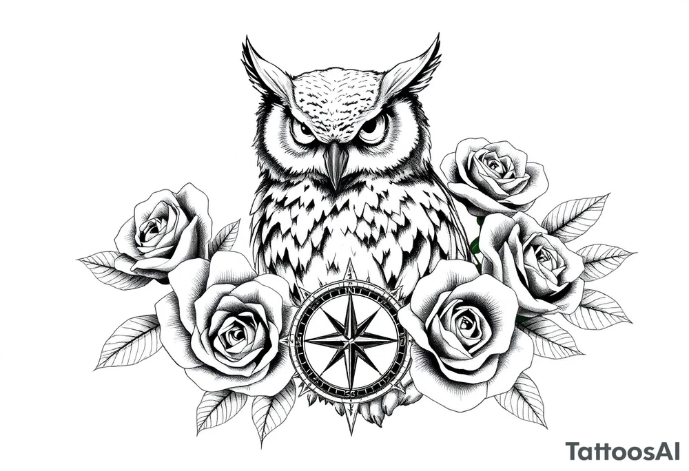 an owl,roses,compass. tattoo idea