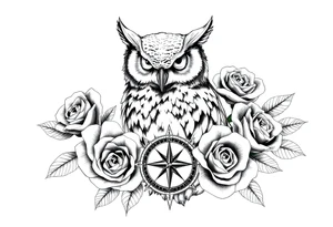 an owl,roses,compass. tattoo idea