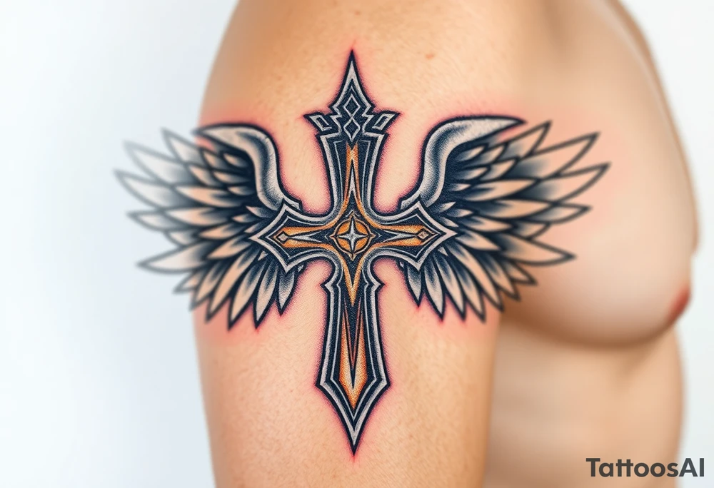 A silver gothic cross with large angelic wings, softly shaded in white and gray, glowing with divine golden light tattoo idea