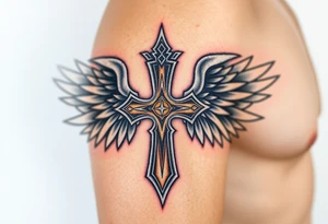 A silver gothic cross with large angelic wings, softly shaded in white and gray, glowing with divine golden light tattoo idea