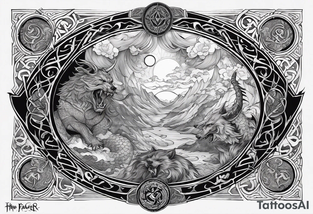 Full sleeve and pectoral tattoo showing the epic battle of ragnarok. It should include a scene between Thor, the god of thunder versus Jörmungandr the serpent as well as Odin all father and Fenrir the wolf. Place a Viking compass in the middle of the pectoral tattoo idea