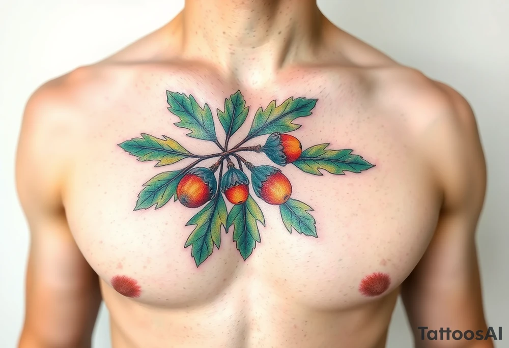 on the chest an oak branch with thick leaves and acorns oak branch with thick leaves and acorns tattoo idea