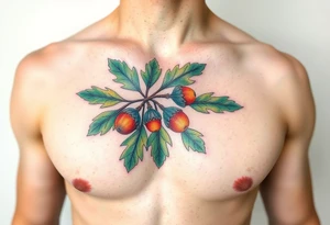 on the chest an oak branch with thick leaves and acorns oak branch with thick leaves and acorns tattoo idea