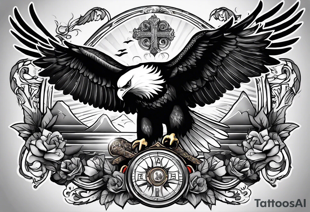 idea of pain for glory in life, discipline and catholic religion. Tattoo on the back with an eagle , 2 doves and fish tattoo idea