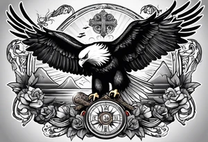 idea of pain for glory in life, discipline and catholic religion. Tattoo on the back with an eagle , 2 doves and fish tattoo idea