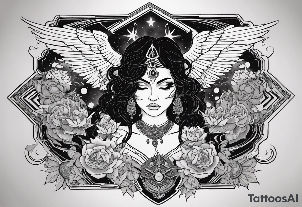 black kali, goddess pirate, alien, angel, pachamama, valkrye, warrior, flying, skull, lotus azul, wing, eagle, zenza resonance, stars, 5D, anahata chakra, death, durga, riding on a tiger, flying lady, chest tatoo tattoo idea