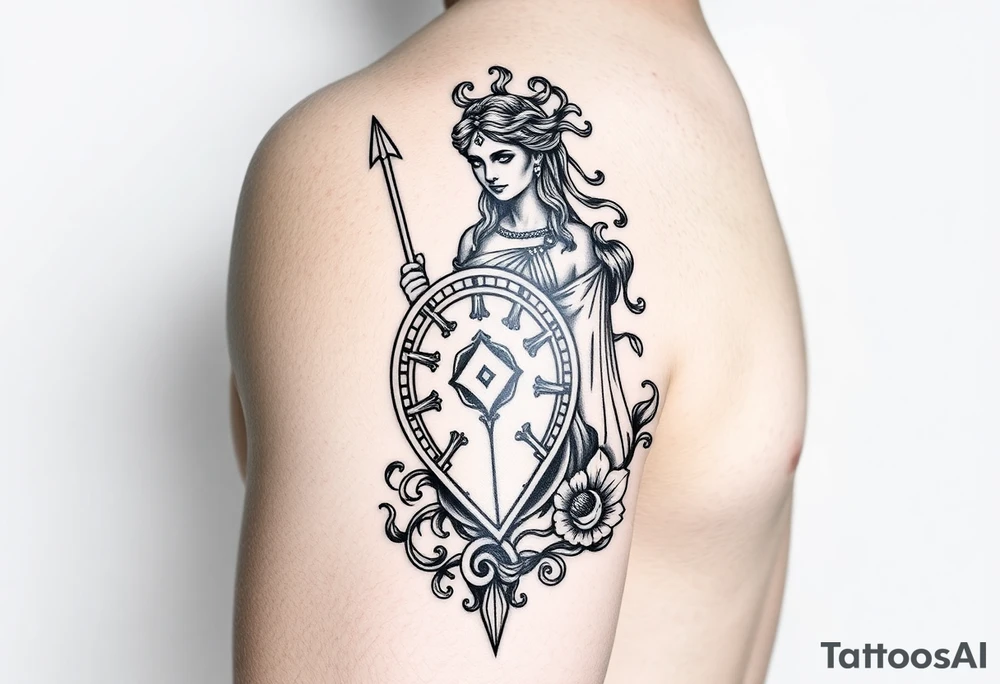 The goddess Athena with her Medusa shield and spear surrounded by Greek flourished designs on right arm tattoo idea