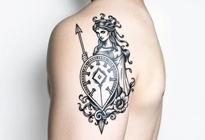 The goddess Athena with her Medusa shield and spear surrounded by Greek flourished designs on right arm tattoo idea