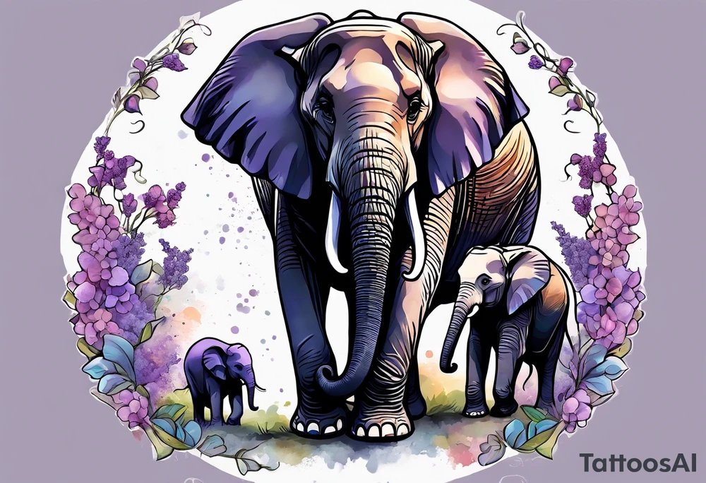 Elephant passing lilacs to a baby Elephant tattoo idea