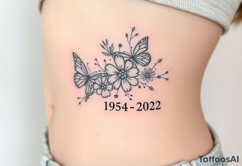 flowers and butterflies with the name “NANA” and the date “1954-2022” mixed all together on the side of the rib cage tattoo idea