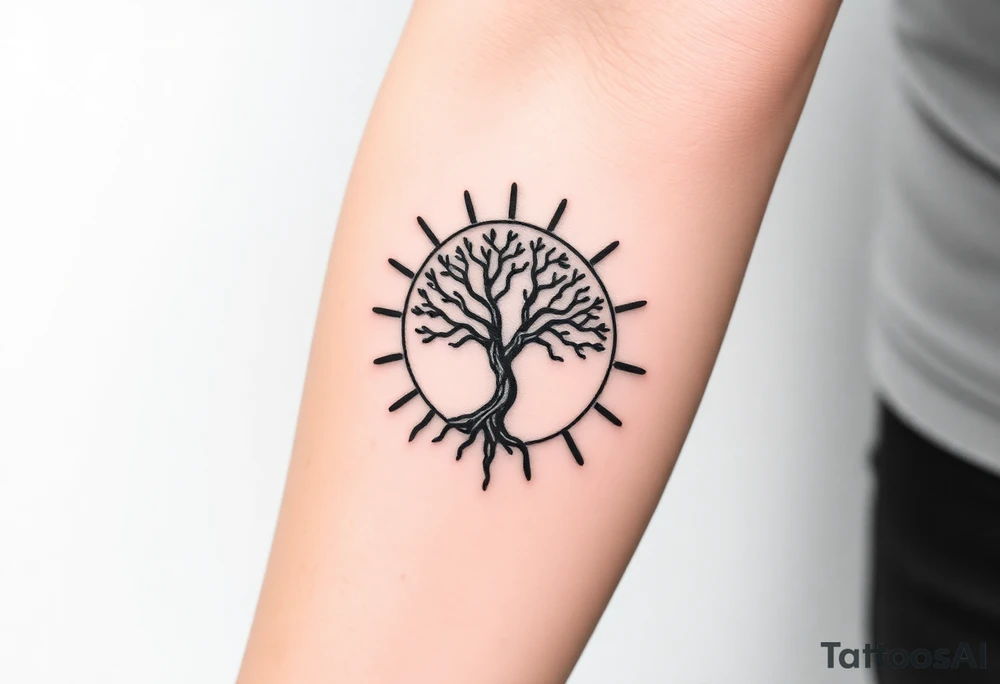 Tree inside of a spiral sun tattoo idea