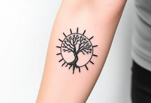Tree inside of a spiral sun tattoo idea