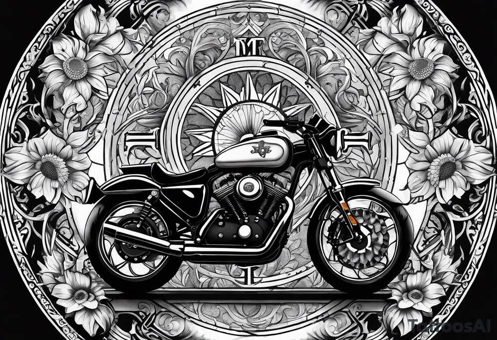 A central cross with the names Kyle Peter Lori on it with lighting a motorcycle and a sunflower around it tattoo idea