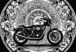 A central cross with the names Kyle Peter Lori on it with lighting a motorcycle and a sunflower around it tattoo idea