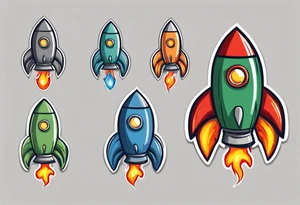 Super simple cartoon rocket ship with a round window, 3 fins, and fire coming out the bottom

Add some shading and detail to make less basic

Use only green, gray, silver, blue. tattoo idea