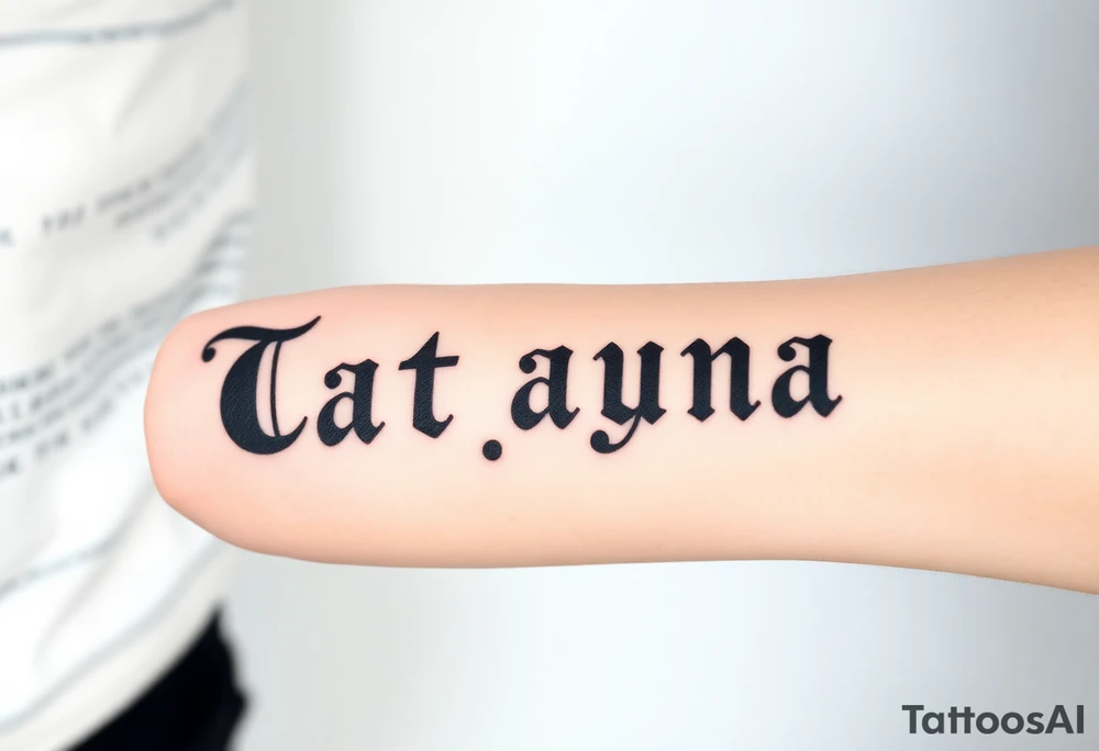 Tatayana name tattoo for a father using old English lettering and sun and moon that starts reading from the wrist to the elbow tattoo idea