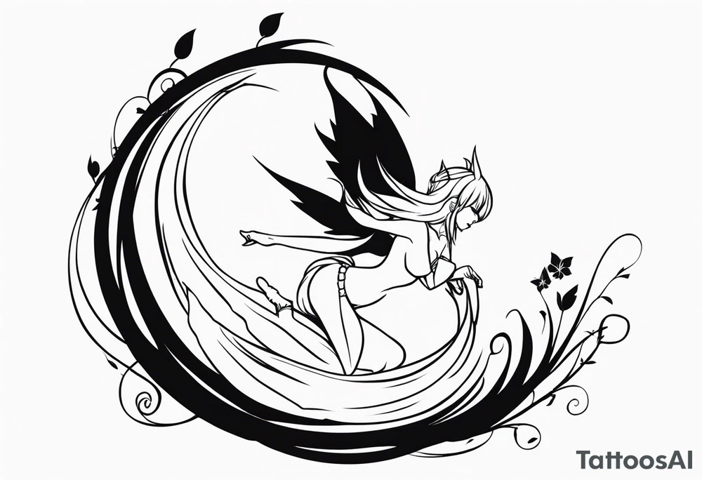 No color fairy with a tail inspired by the guild symbol in the anime show called Fairy Tail in a fetal position leaning in and forward while crawled in tattoo idea