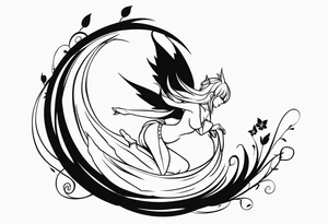 No color fairy with a tail inspired by the guild symbol in the anime show called Fairy Tail in a fetal position leaning in and forward while crawled in tattoo idea