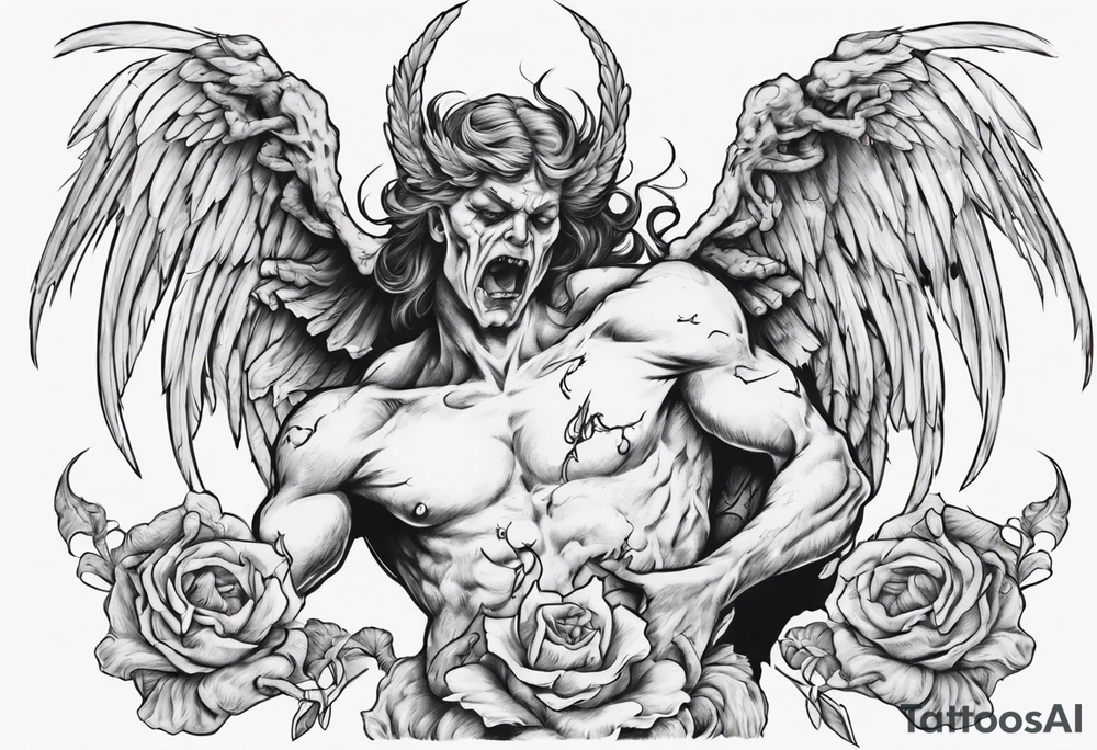 an angel being transformed into a demon while trying to fight back tattoo idea