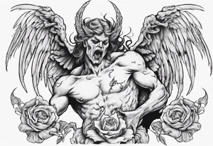 an angel being transformed into a demon while trying to fight back tattoo idea