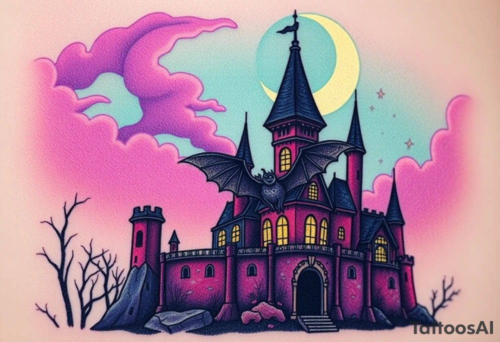 Tim Burton’s sleeping beauty’s haunted castle is abandoned and dripping with muted reds, dusty pinks, and eerie green glow.purple and cyan smokey clouds swirl in the crescent moonlit sky thats sprinkled with kawaii stars underneath the castle an adorable bat spreads its wings to take flight in the style of angelo parente tattoo idea tattoo idea