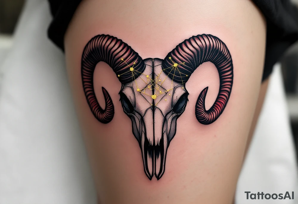 This bold Aries piece features the constellation in gold thread across a ram skull shaded in black and crimson. tattoo idea