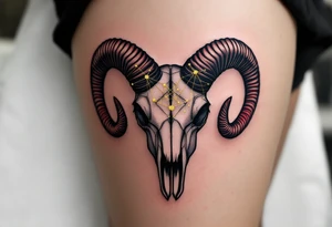 This bold Aries piece features the constellation in gold thread across a ram skull shaded in black and crimson. tattoo idea