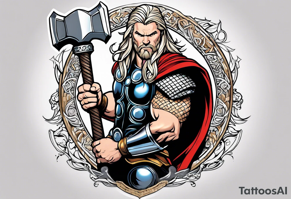 The Mighty Thor not so muscular profile with mjolnir with the entire design shown tattoo idea