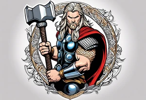 The Mighty Thor not so muscular profile with mjolnir with the entire design shown tattoo idea