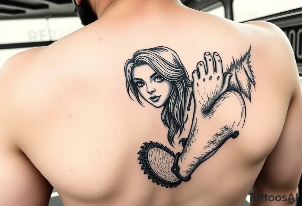 the main Harriet, a young teen girl with very hairy forearms riding on a bus tattoo idea