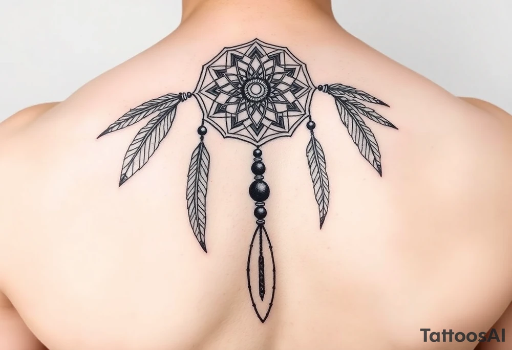 native dreamcatcher with flowing feathers and sacred beads tattoo idea