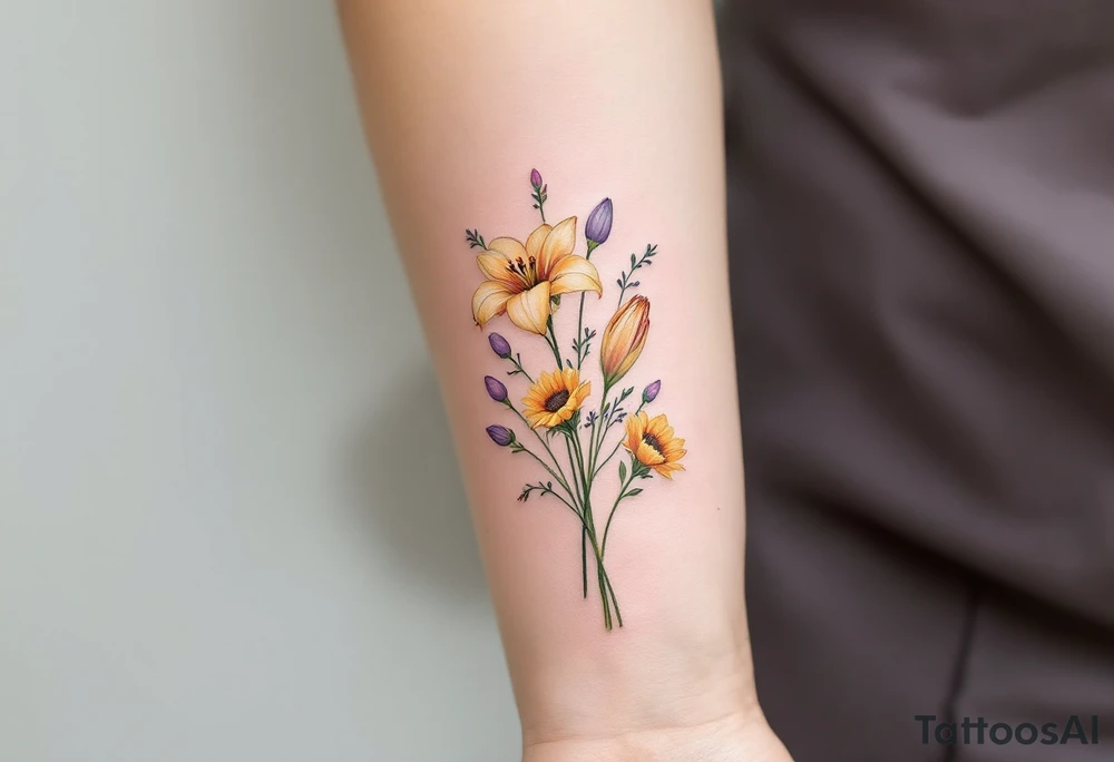 Dainty Stargazer lillies pale pink with small yellow sunflowers and pale purple tulip buds in a dainty wildflower bouquet with light green stems tattoo idea