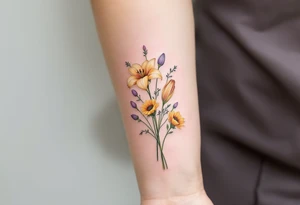Dainty Stargazer lillies pale pink with small yellow sunflowers and pale purple tulip buds in a dainty wildflower bouquet with light green stems tattoo idea