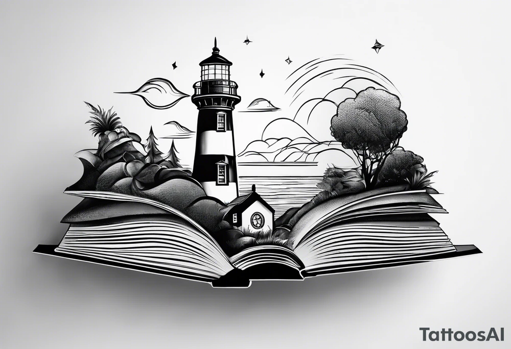 minimalist "open book" with a lighthouse in the middle and a clock tattoo idea