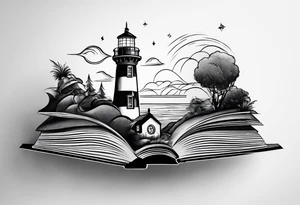 minimalist "open book" with a lighthouse in the middle and a clock tattoo idea