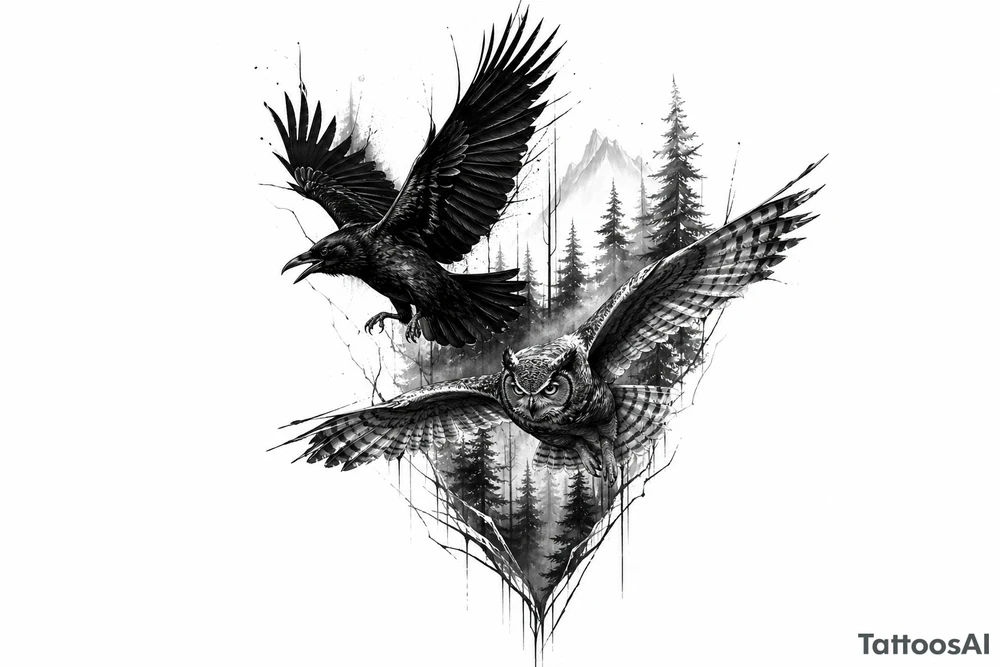 Silhouette of a raven and owl flying through a dense, misty forest tattoo idea