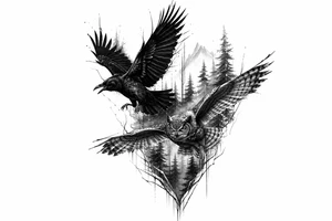 Silhouette of a raven and owl flying through a dense, misty forest tattoo idea