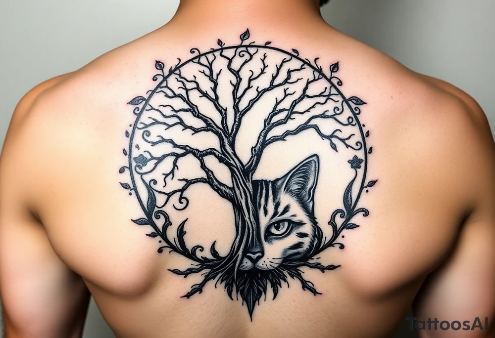 Bright full moon with a tree of life and Cheshire cat face tattoo idea