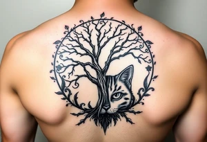 Bright full moon with a tree of life and Cheshire cat face tattoo idea
