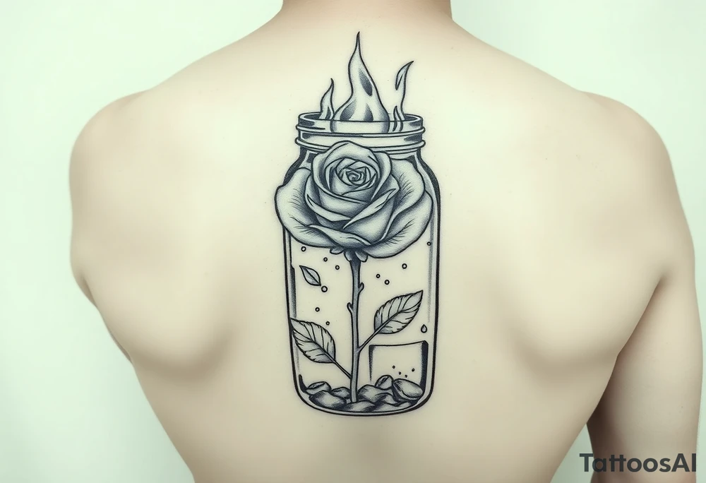 a rose on fire trapped in a jar with water drops. Whole jar with rose inside tattoo idea